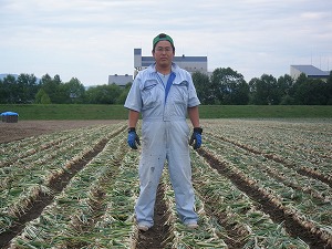 玉ねぎの収穫作業真っ只中の雅楽川さん